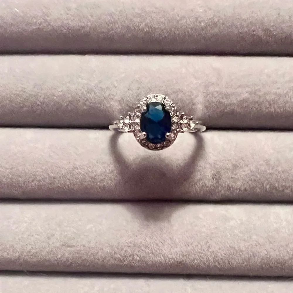 NEW Silver Tone Sapphire And White Cubic Zirconia Ring